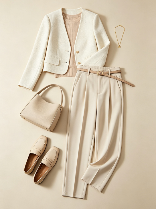 Ensemble blazer et pantalon pour femme, style bureau minimaliste. Tissu confortable, coupe flatteuse, adapté au travail et aux occasions élégantes.
