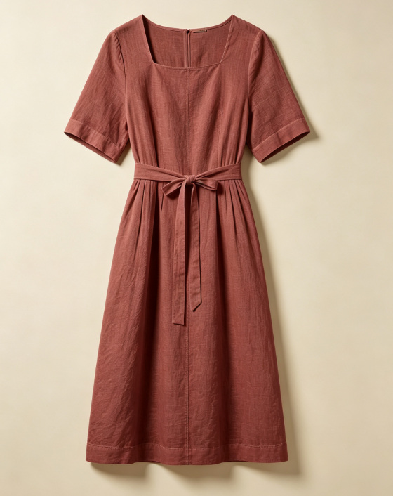 Robe en lin coupe minimaliste, col carré et ceinture taille haute. Tissu aéré et confortable pour l'été, proposée en plusieurs coloris pastels. Idéale pour tous vos looks décontractés.