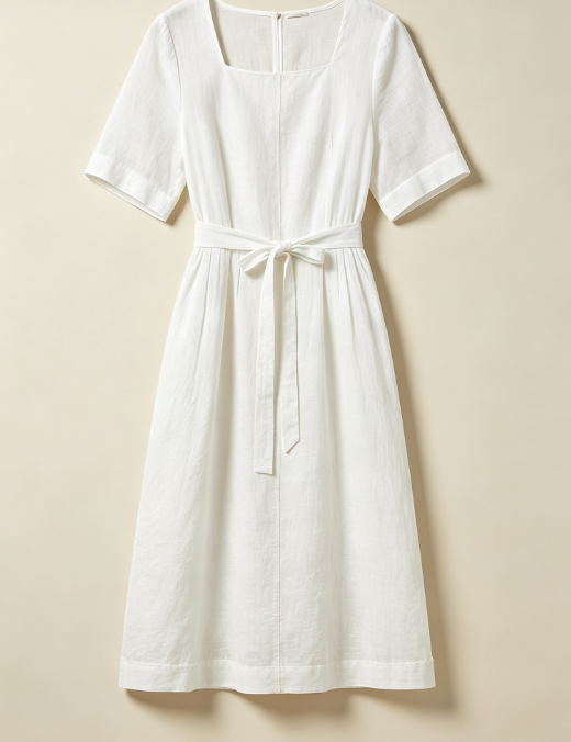 Robe en lin coupe minimaliste, col carré et ceinture taille haute. Tissu aéré et confortable pour l'été, proposée en plusieurs coloris pastels. Idéale pour tous vos looks décontractés.