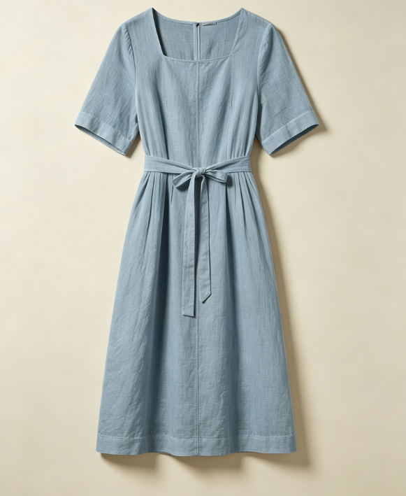 Robe en lin coupe minimaliste, col carré et ceinture taille haute. Tissu aéré et confortable pour l'été, proposée en plusieurs coloris pastels. Idéale pour tous vos looks décontractés.