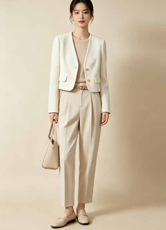 Ensemble blazer et pantalon pour femme, style bureau minimaliste. Tissu confortable, coupe flatteuse, adapté au travail et aux occasions élégantes.