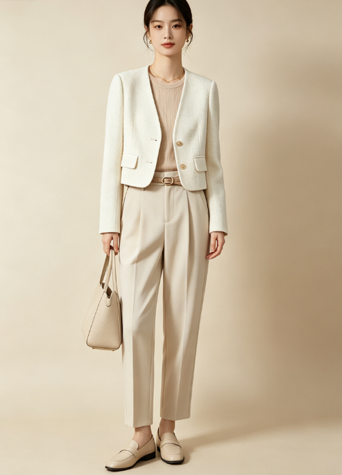Ensemble blazer et pantalon pour femme, style bureau minimaliste. Tissu confortable, coupe flatteuse, adapté au travail et aux occasions élégantes.