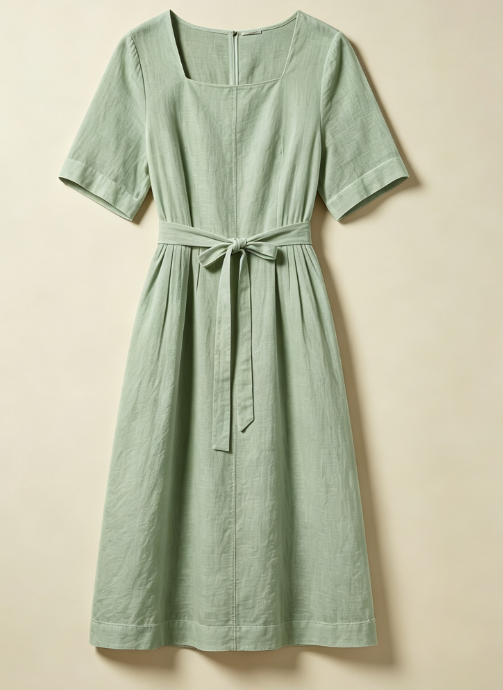Robe en lin coupe minimaliste, col carré et ceinture taille haute. Tissu aéré et confortable pour l'été, proposée en plusieurs coloris pastels. Idéale pour tous vos looks décontractés.