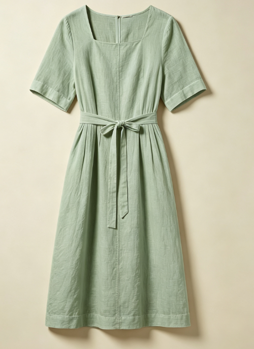 Robe en lin coupe minimaliste, col carré et ceinture taille haute. Tissu aéré et confortable pour l'été, proposée en plusieurs coloris pastels. Idéale pour tous vos looks décontractés.